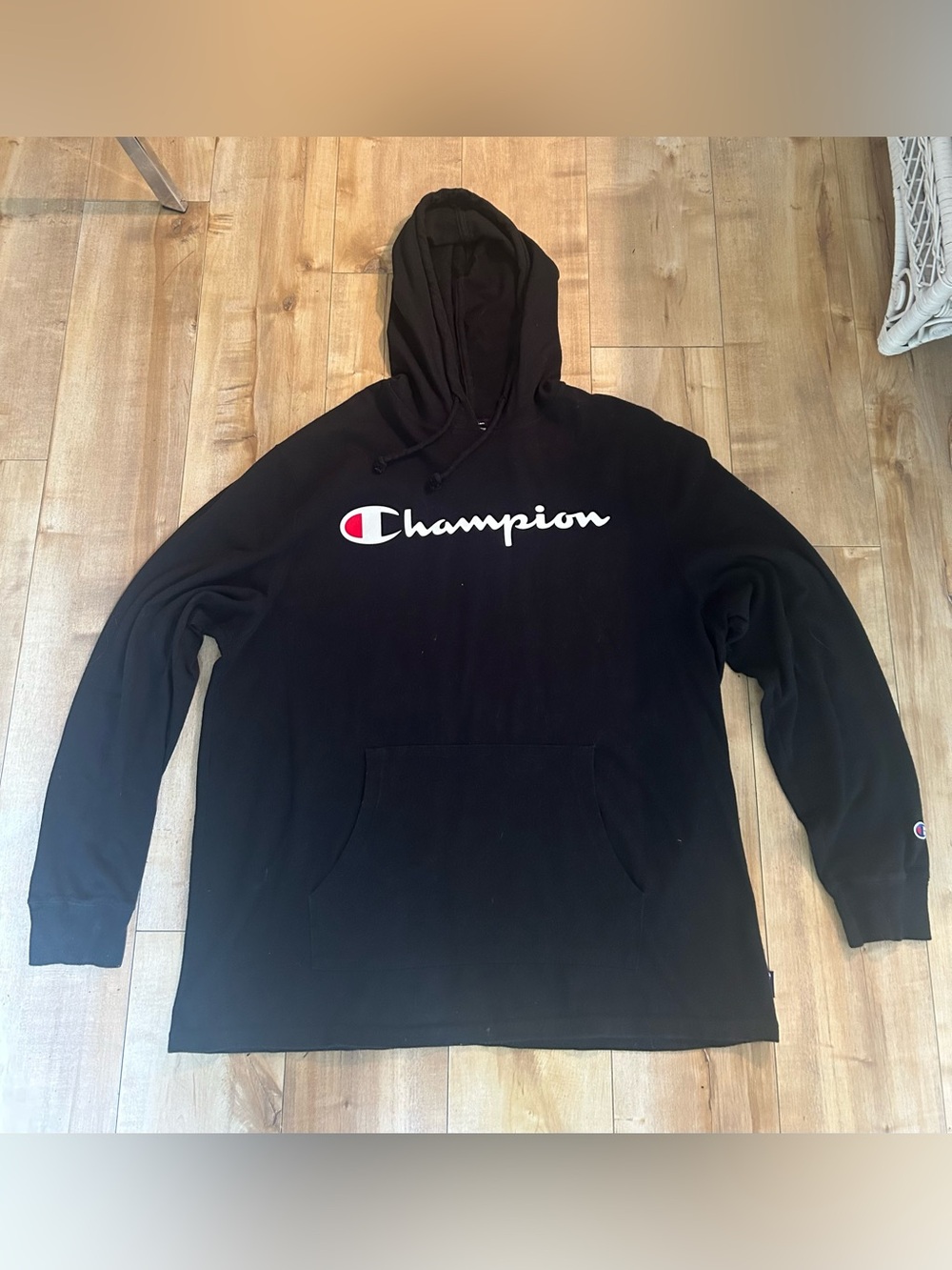 ✨Men’s Champion Black Hoodie with White Script and Red Accent